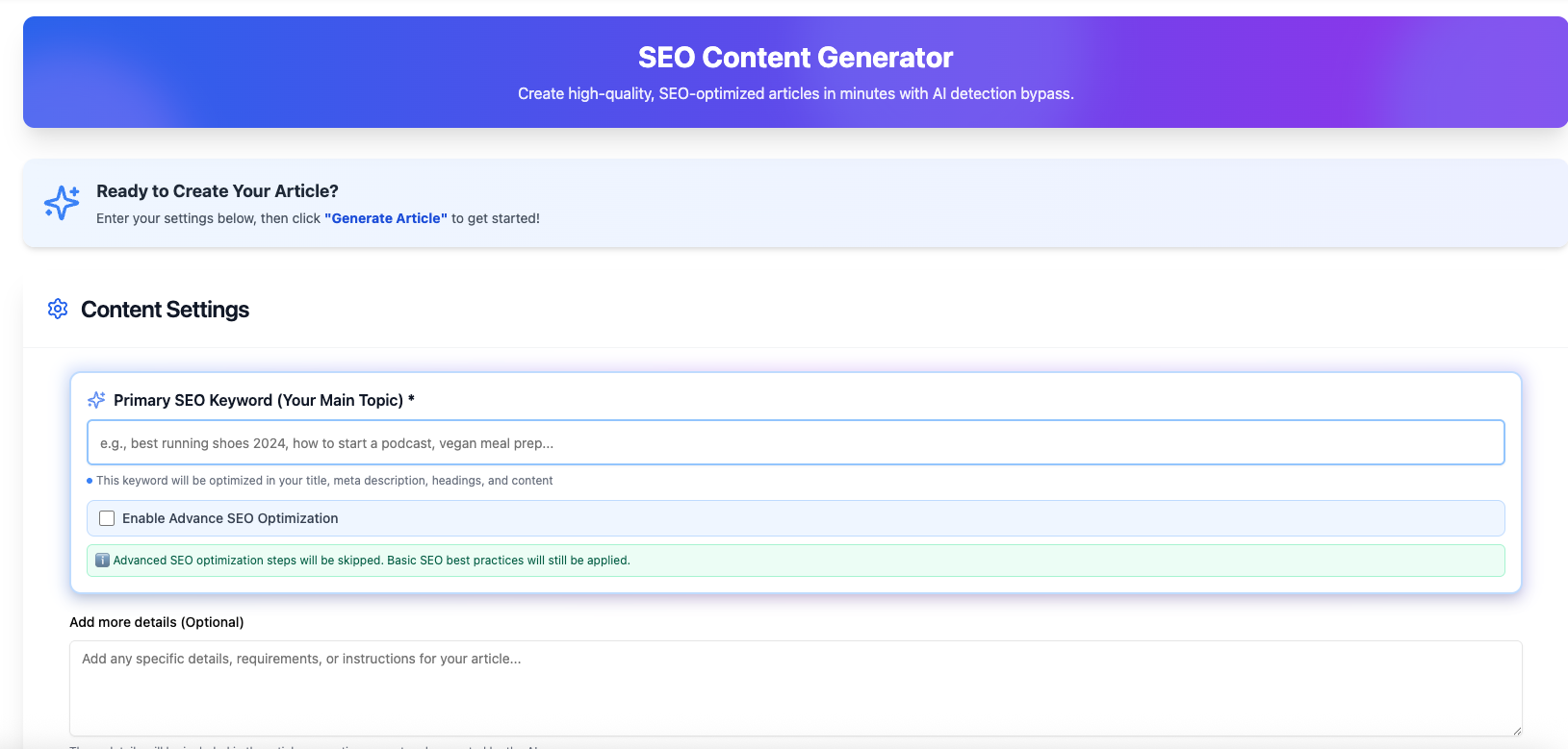 SpeedContent Article Generator — Primary SEO Keyword input form for the keyword you want to rank for on Google