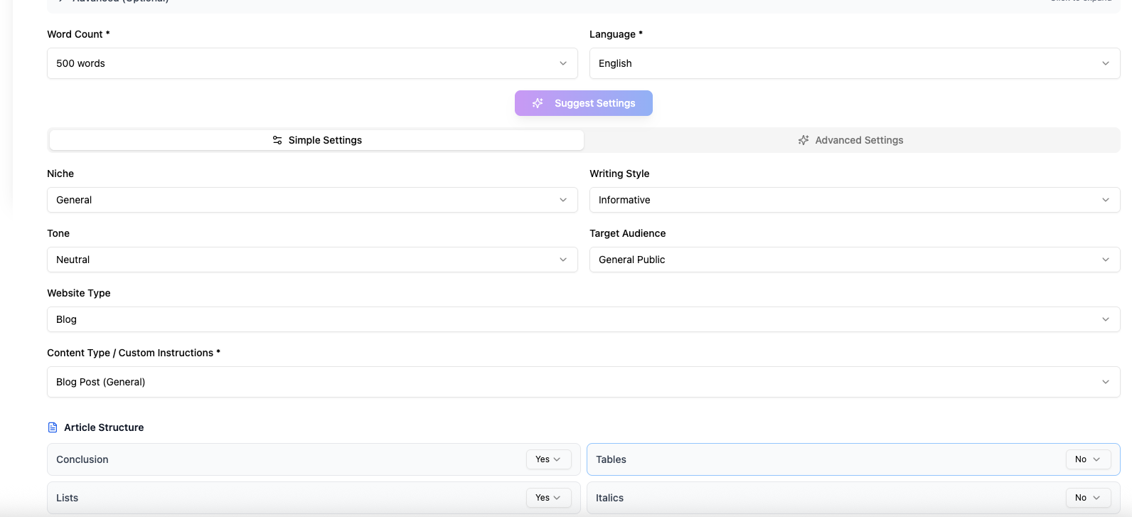 SpeedContent Article Generator — Article parameters panel for word count, language, niche, tone, target audience, content type, and article structure toggles